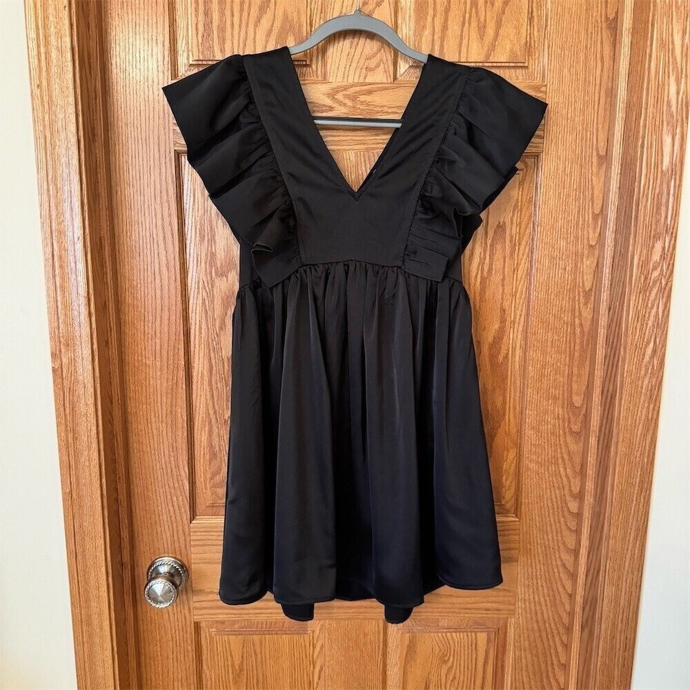 Entro Dress Womens Size S Black V-Neck Babydoll Mini Ruffle Sleeves